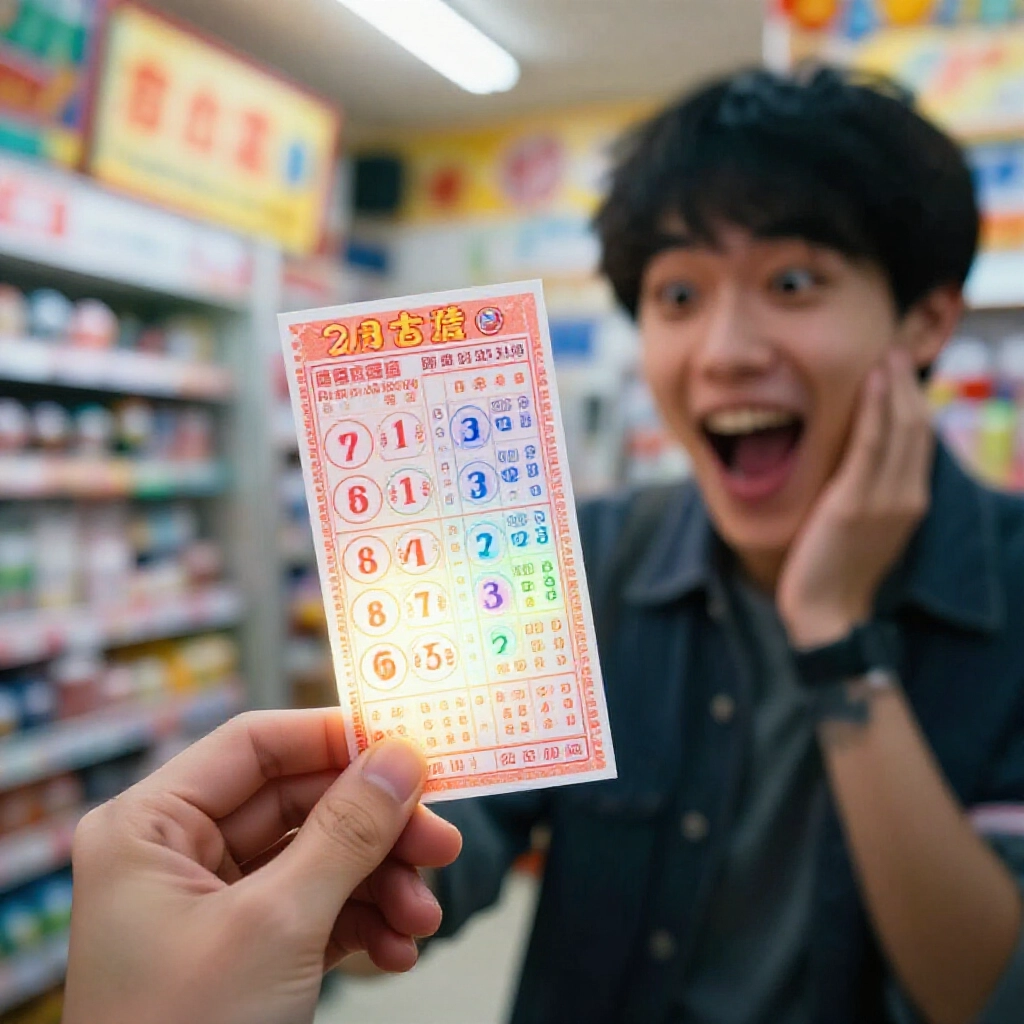Excited player holding glowing lottery ticket with seven numbers where four match the drawn balls in a brightly lit Taiwanese lottery store atmosphere
