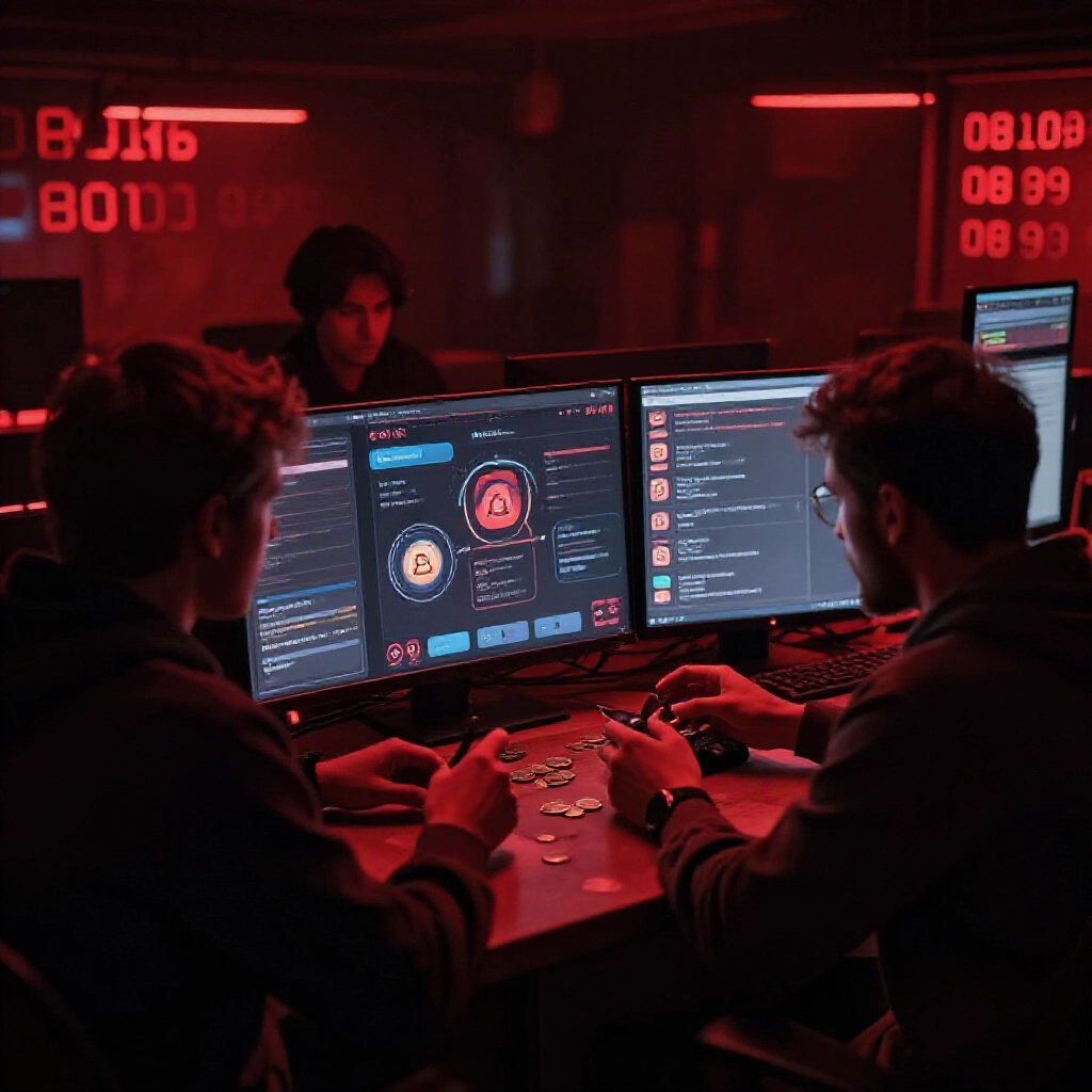 shadowy market traders negotiating coin deals on line chat screens with bank transfer icons high rate numbers floating in dim red lit underground exchange vibe
