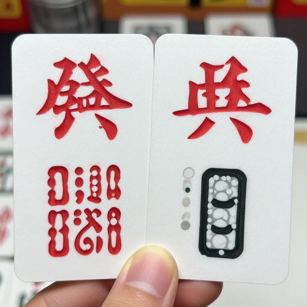 黑粒仔牌近拍，文子對稱紅點整齊排列，武子白點散佈，拇指翻牌細節