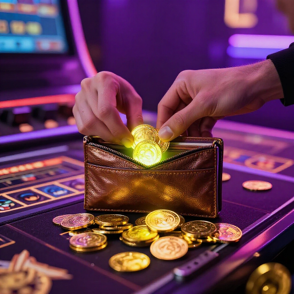 玩家在霓虹燈光下存入首筆資金，閃亮的紅利幣正流入安全錢包，充滿紫金色調的數位賭場畫面