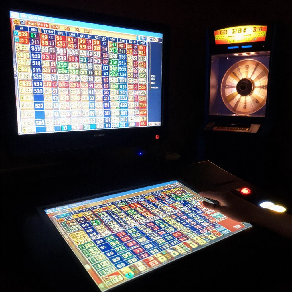dimly lit lottery analysis room with glowing screens displaying omission value charts for 539 numbers and spinning ball machine in background