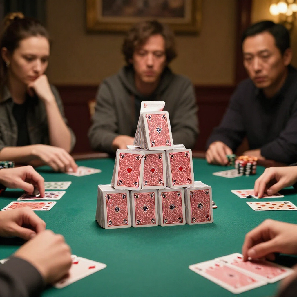 pyramid stack of face down poker cards on table players peeking at hands suspicious glances ready to bluff cozy room soft glow anticipation building game start