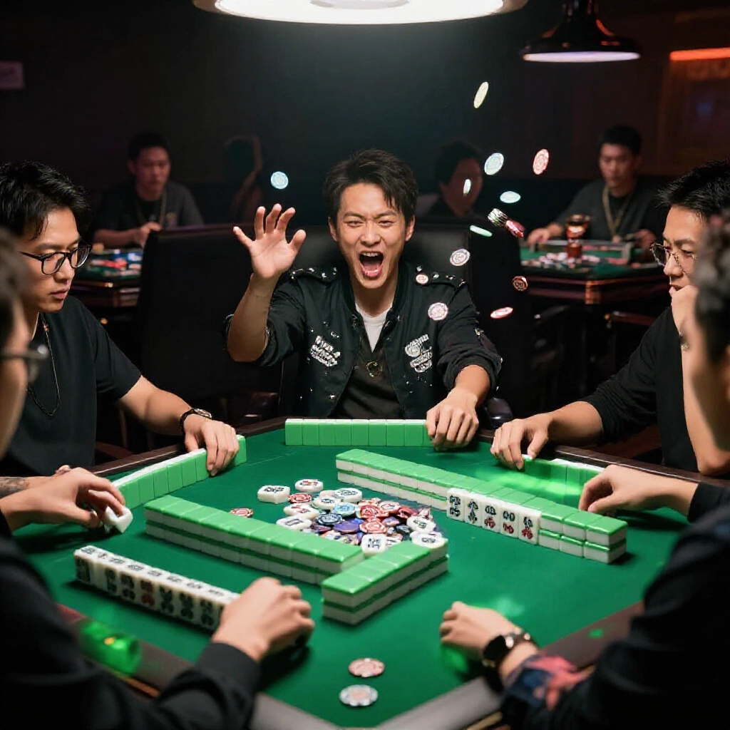 Dynamic scene of intense mahjong play under focused spotlights one player celebrating a self draw win with high tai count stacks of 200 over 50 chips flying tense faces of opponents calculating losses dramatic shadows and green tile reflections high energy casino like vibe
