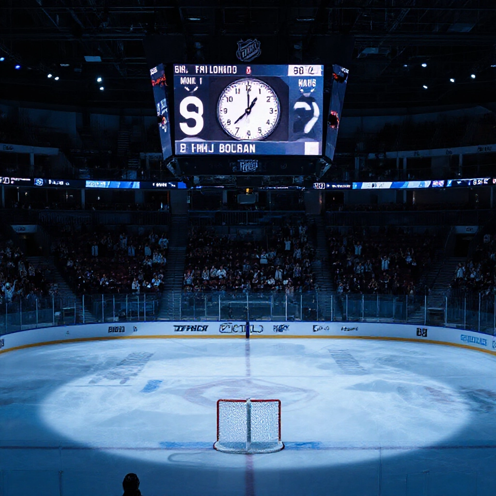 NHL冰球進入延長賽,計時器顯示60分,比分平手,球迷起身緊張等待