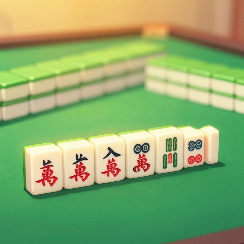 台灣麻將碰碰胡牌型，五組相同刻子加對眼，整齊擺在綠氈桌，暖金燈光照亮竹筒條牌細節