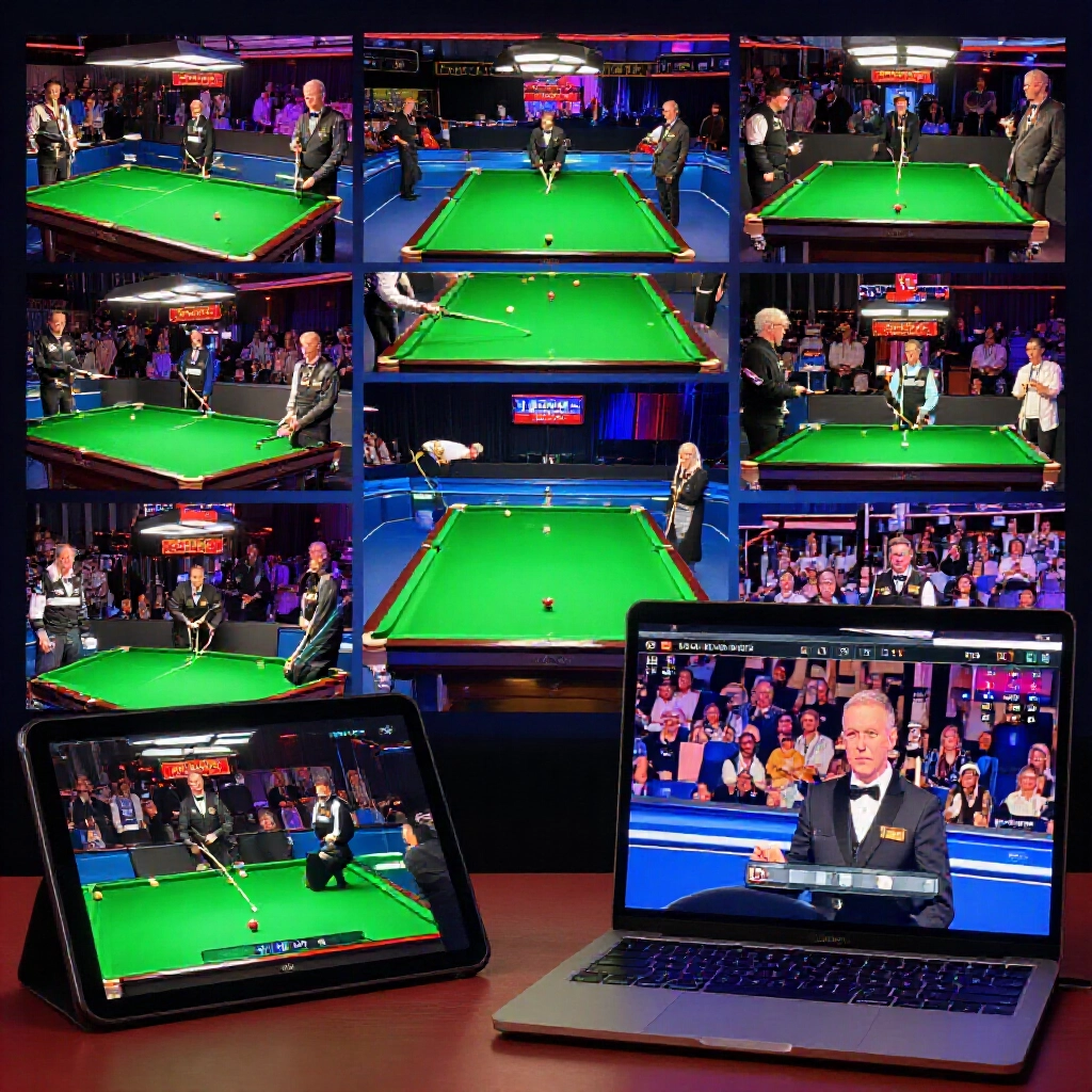 vibrant snooker match streaming live on smartphone tablet and laptop screens capturing Crucible Theatre intensity with multiple angles real time score stats and global fans engaged online