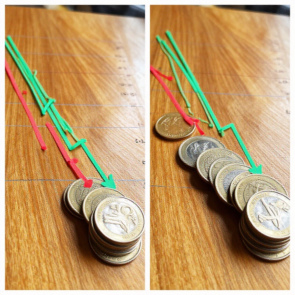 Side by side charts comparing continuous bet and column bet for six numbers showing branch counts and money savings stacks of coins diminishing on wooden desk graph lines in green red vibrant daylight illumination