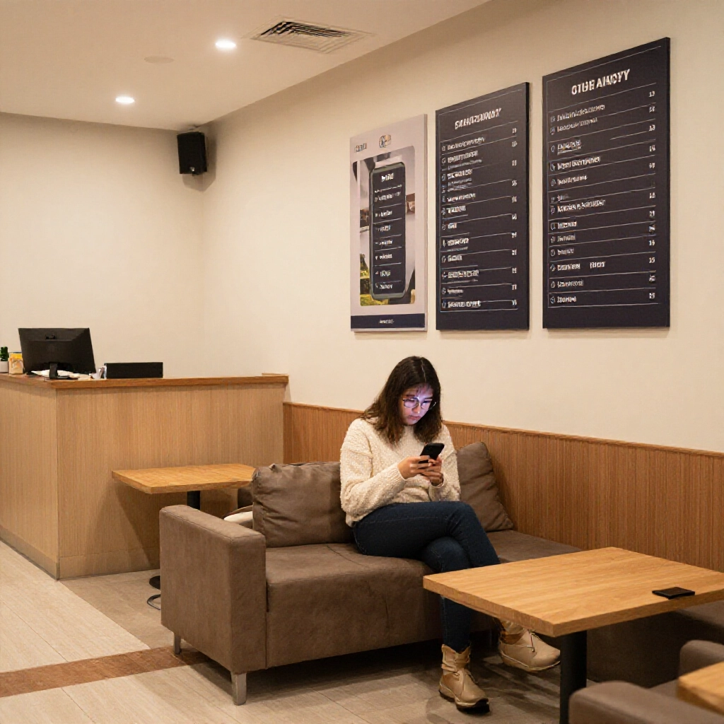 Solo player waiting in mahjong lounge reception area checking phone for opponents clean environment with price charts on wall comfortable seating modern decor