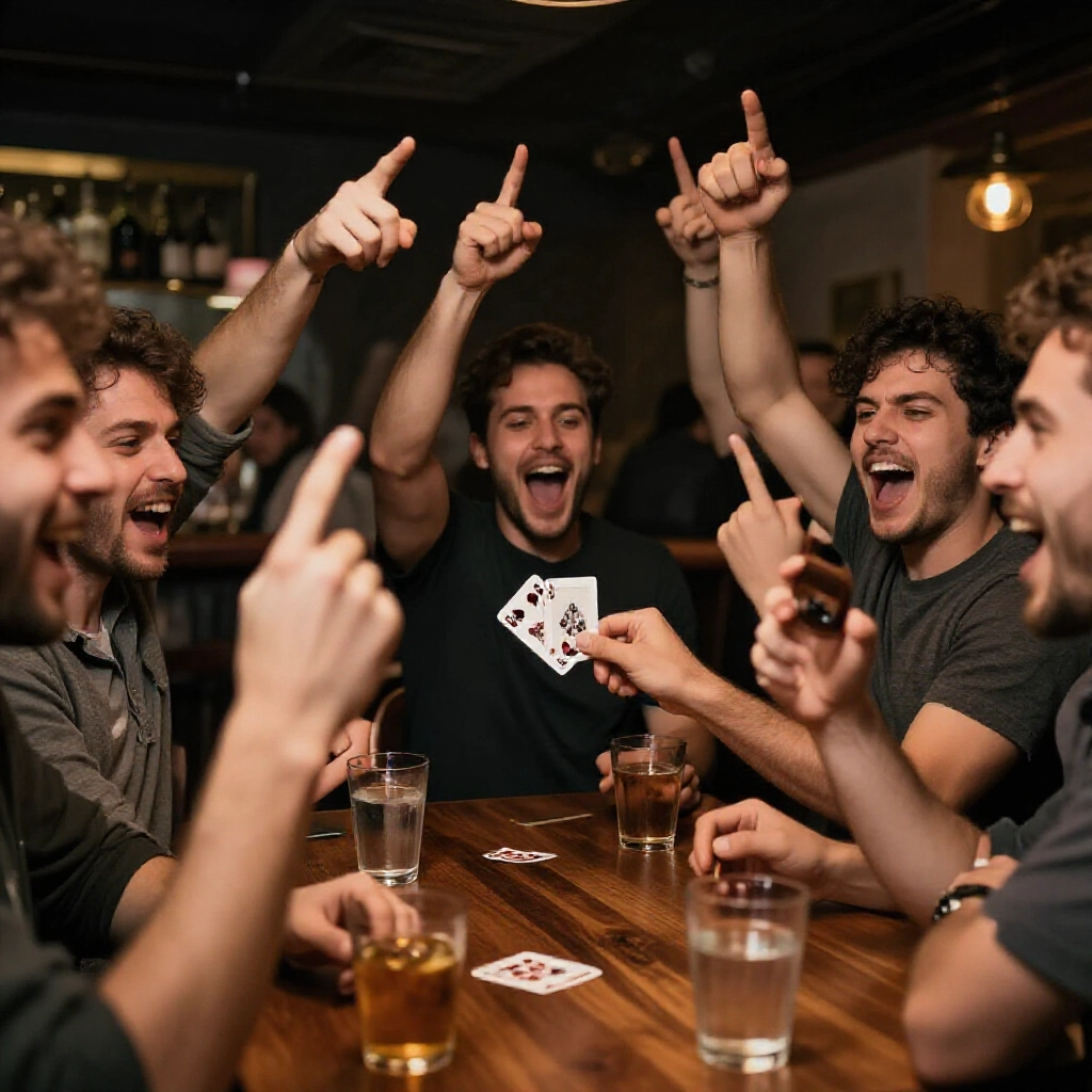 group cheering as player flips key poker card tense moment upraised arms pointing fingers dim bar light wooden table drinks nearby high energy social interaction