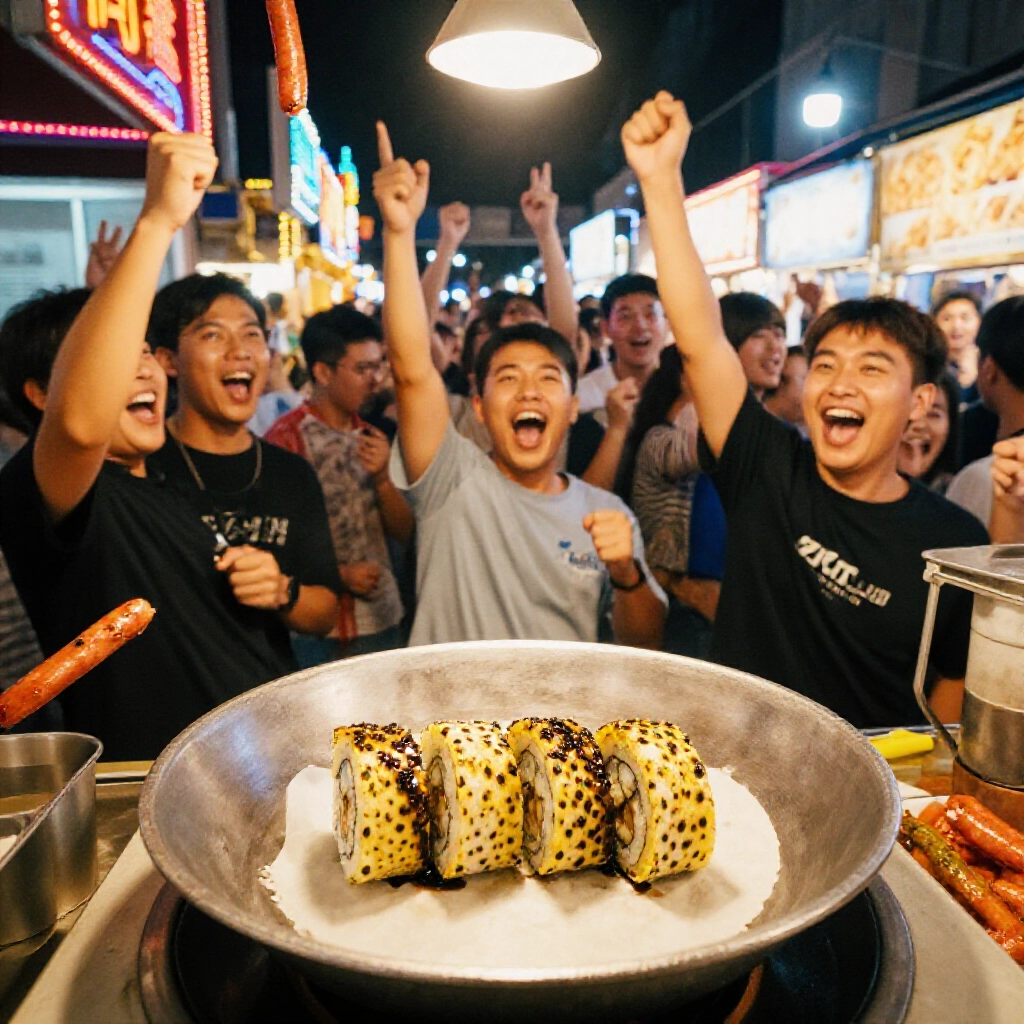 夜市香腸攤,四六豹子轉碗中,玩家歡呼,霓虹燈閃,人群熱鬧