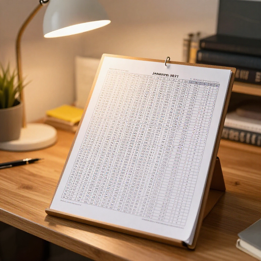 Structured wooden table holding printed monthly lottery result sheets for January 2026 with sorted number sequences and sum calculations under warm desk lamp illumination in a cozy study room