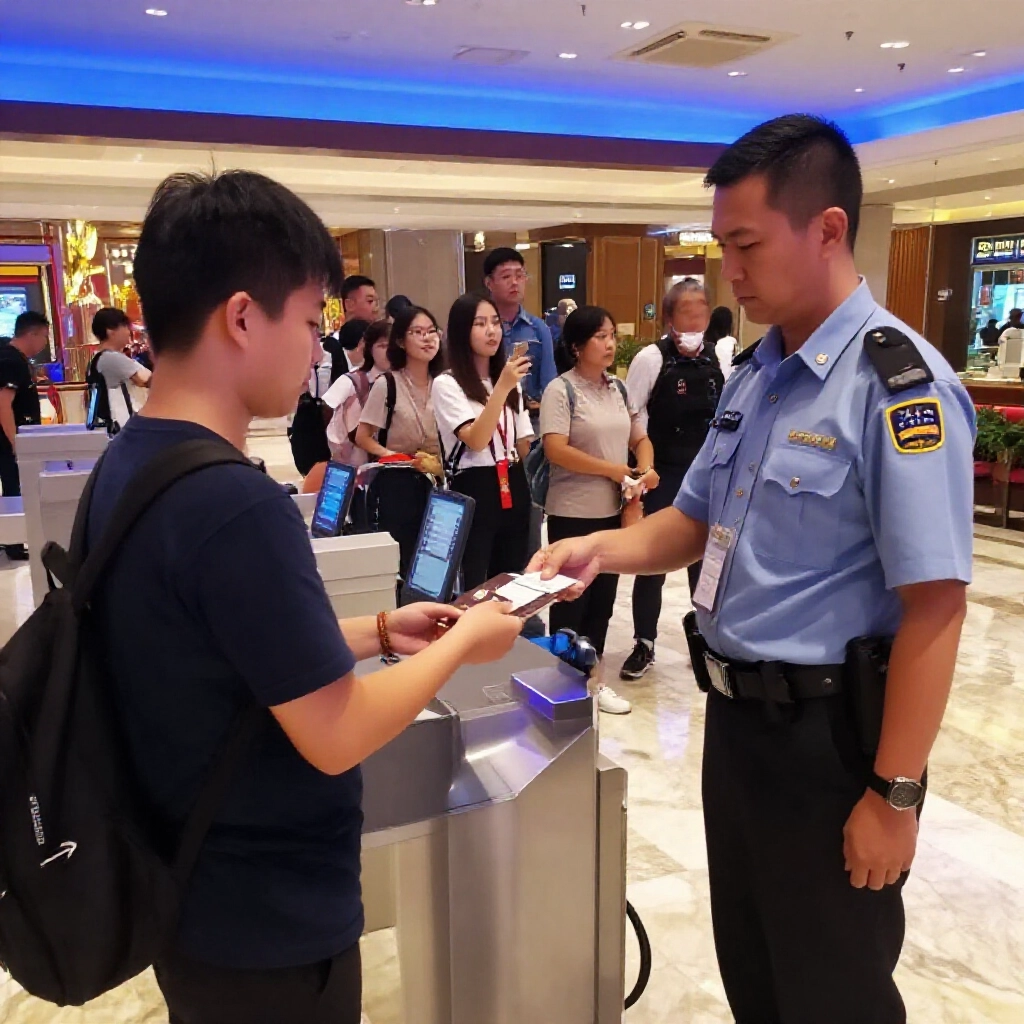新加坡賭場入口安檢，年輕遊客遞護照給警衛掃描電子入境卡，大廳大理石地板藍光柔和
