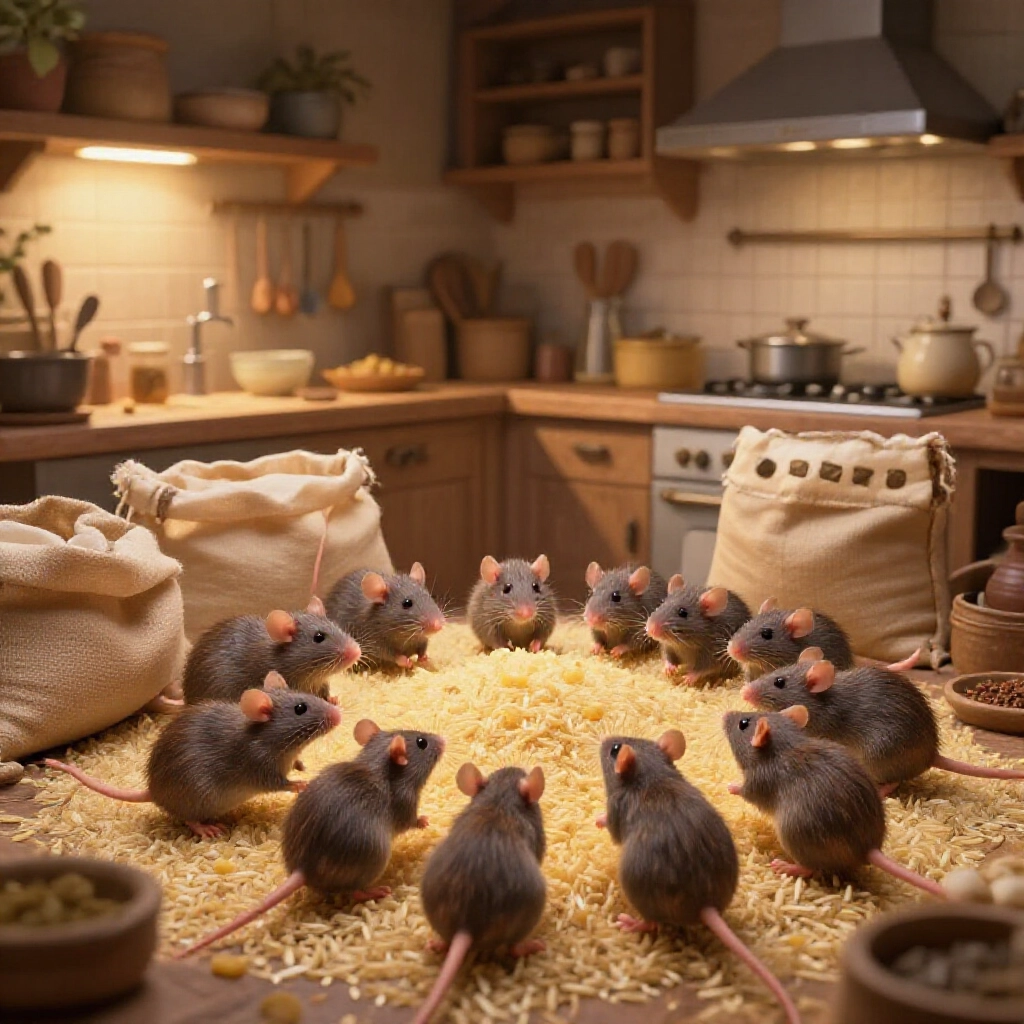 Cozy traditional kitchen filled with rice sacks where a group of cute rats playfully gather golden ambient light highlighting abundance and fortune mystical folklore atmosphere vibrant earthy tones