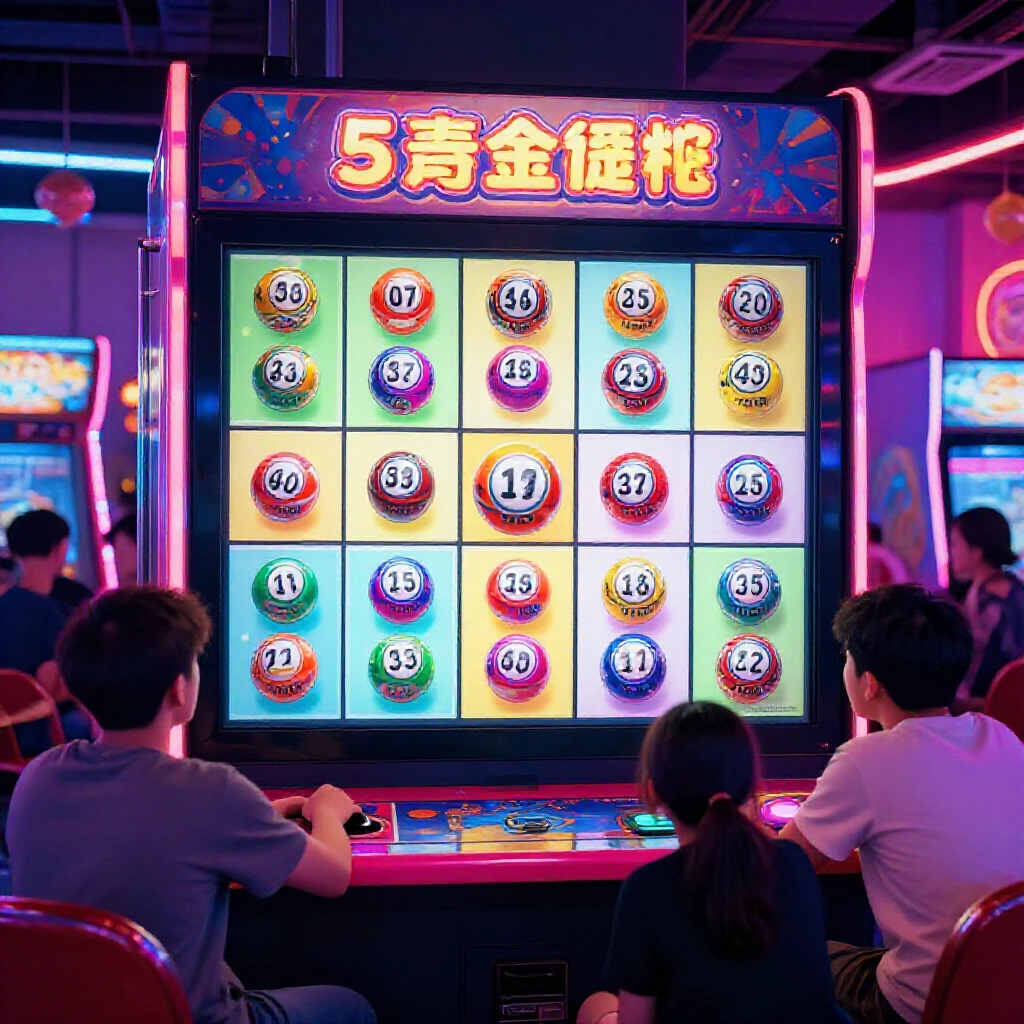 Vibrant digital 5x5 bingo grid screen with colorful numbered balls randomly falling onto matching spots in a bustling Taiwanese arcade machine neon lights glowing around excited casual players leaning in