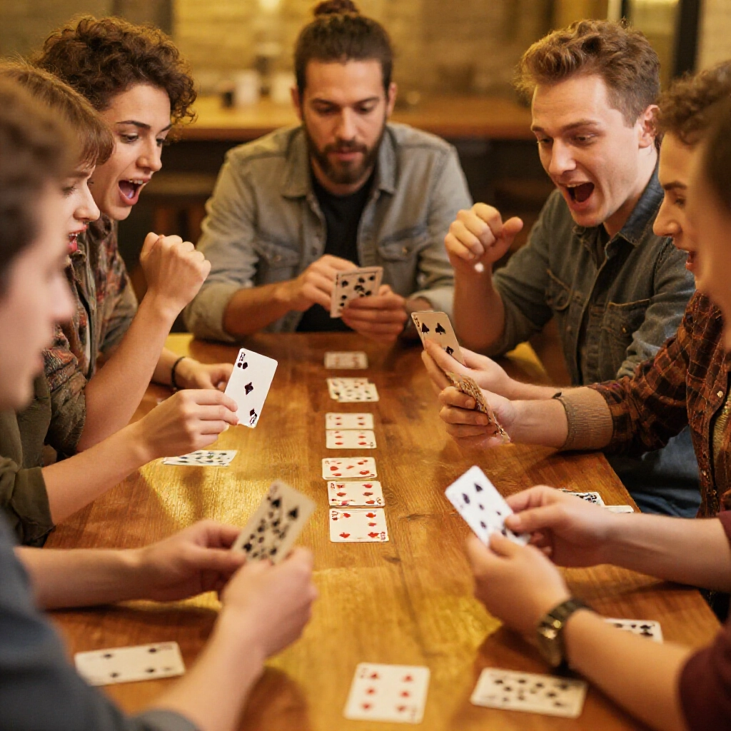 excited group of friends at lively party table flipping poker cards with spades hearts diamonds clubs visible tense anticipation warm golden lighting casual fun atmosphere