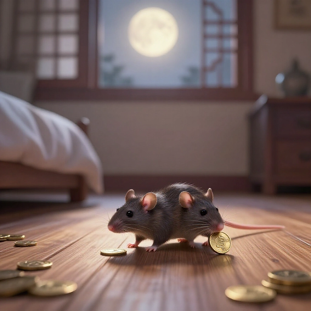 Dreamy bedroom scene with a small agile rat scurrying across wooden floor carrying a shiny coin warm moonlight filtering through window evoking wealth symbolism in traditional Taiwanese style soft ethereal glow