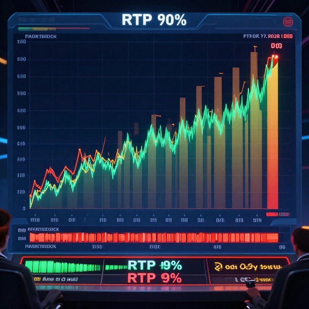 數位介面顯示RTP百分比條狀圖隨機波動，伴隨咬度波浪上升與彩金池緩慢累積的高科技控制室畫面