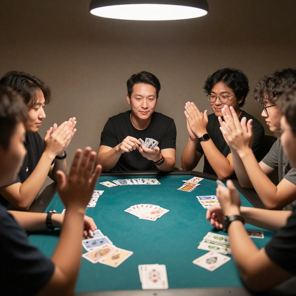 group of friends debating at card table one player declaring straight dragon victory in taiwanese big two game with cards fanned out and gestures of agreement under soft overhead lights