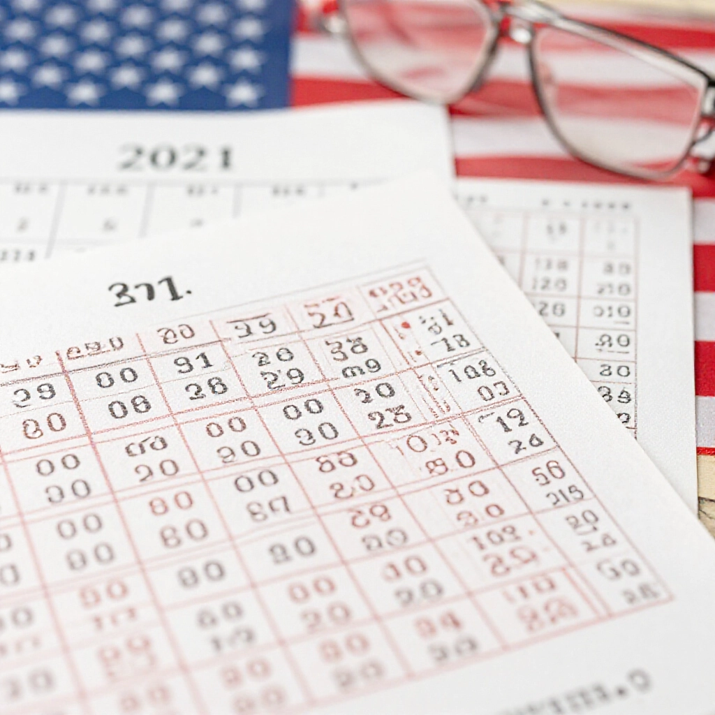 Closeup of a lottery ticket with numbers 01 to 39 arranged in a grid beside a calendar marked 2026 and American flag elements in soft morning light evoking daily draw excitement