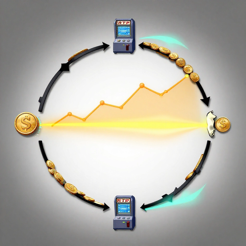 Abstract graph showing RTP cycles with rising bite phase coin absorption and falling spit phase payouts machine icons pulsing in balanced mathematical flow