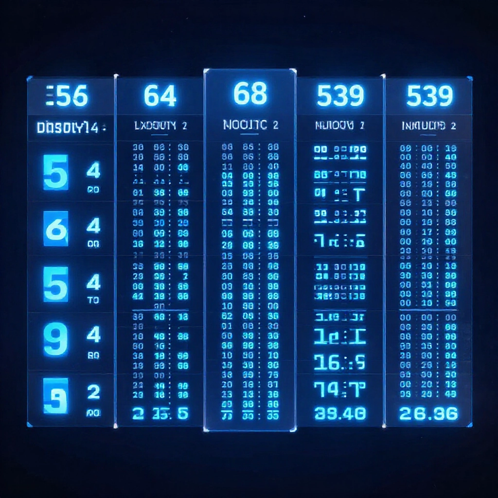 modern data table showing top five 539 missing numbers like 24 with 68 periods and average cycles under cool blue lighting