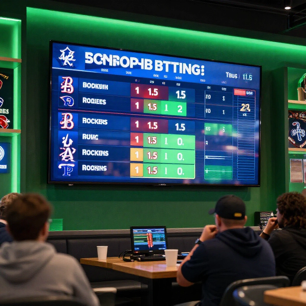 Sports betting interface on a digital screen displaying baseball teams with handicap scores like Dodgers minus 1.5 and Rockies plus 1.5 in a modern betting shop atmosphere with green neon lights and focused bettors