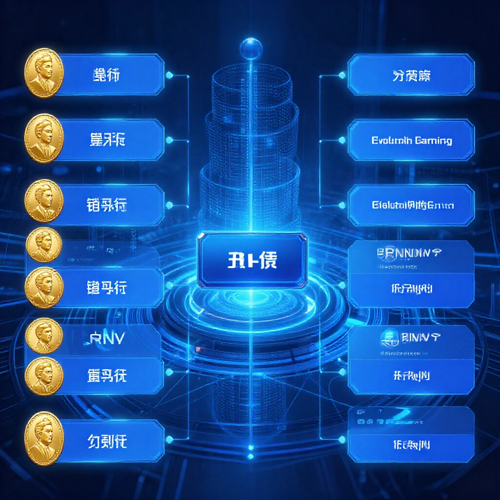 Digital diagram showing coin merchant version like bao-ni-fa versus cash version platforms with RNG generators linking to Evolution Gaming servers in a high tech network hub glowing blue tones