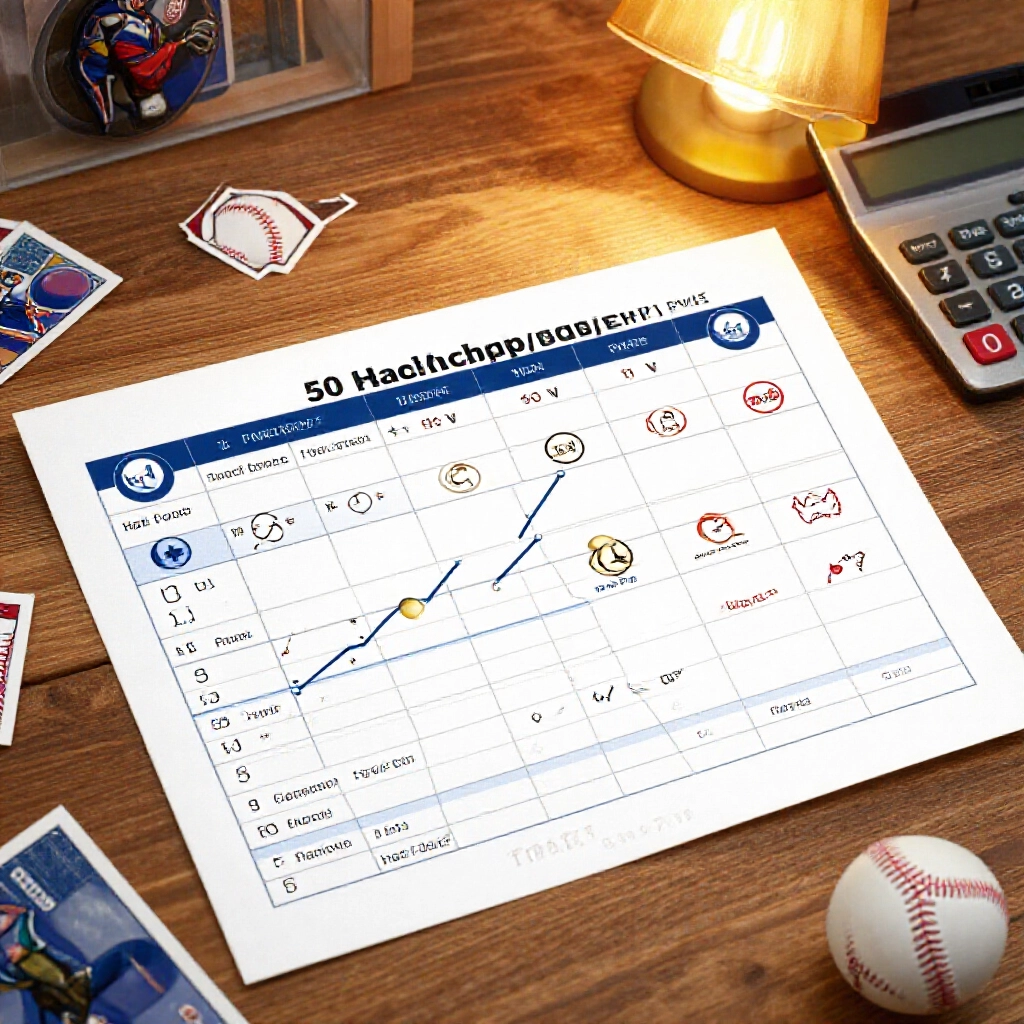 Detailed chart explaining 1 plus 50 handicap payout scenarios with win half loss half icons on a wooden desk surrounded by baseball cards and calculators in warm desk lamp glow