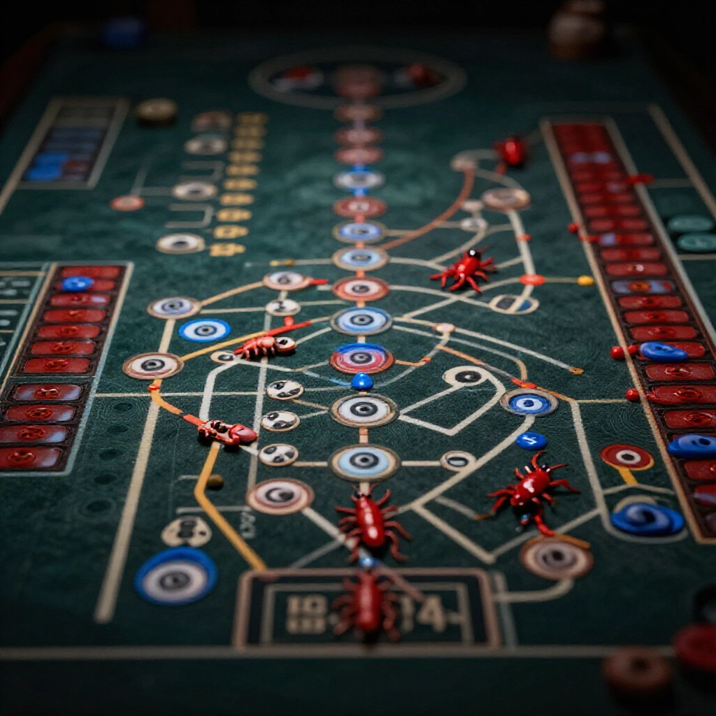 百家樂圖表特寫，大路生成大眼仔、小路、蟑螂路，對比紅藍指標在暗沉氛圍