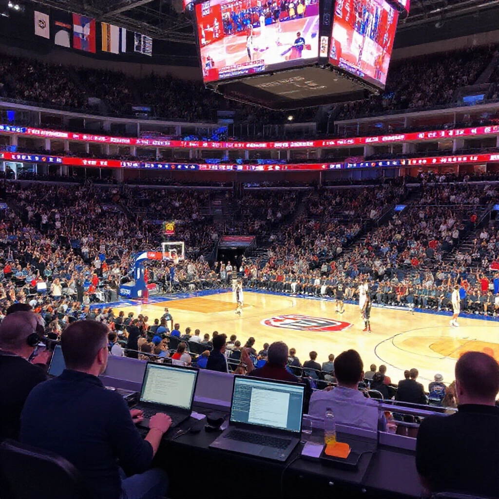 熱鬧NBA球場滿場歡呼，電子盤顯示讓分大小獨贏賠率，分析師盯數據忙分析