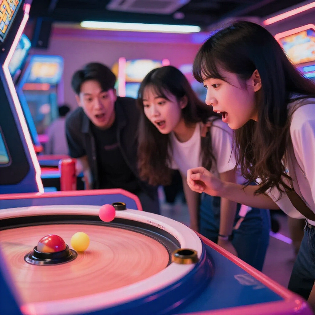 Excited players leaning in closely watching balls bounce friction along the edge of a rotating wheel building tension in a neon lit Taiwanese arcade atmosphere