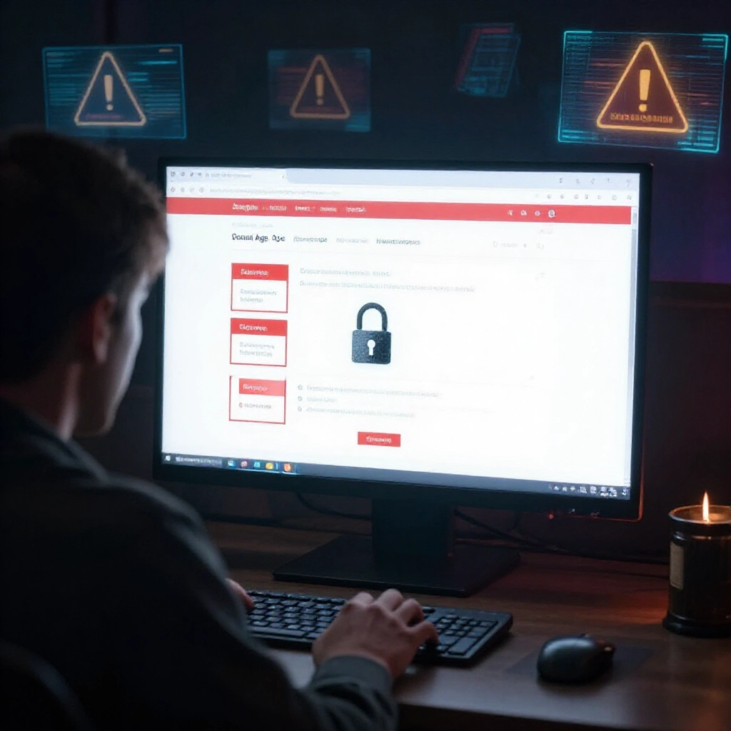 Detective style inspection of suspicious gambling website on computer displaying short domain age red flags and broken SSL padlock in dimly lit room with scam warning holograms floating around