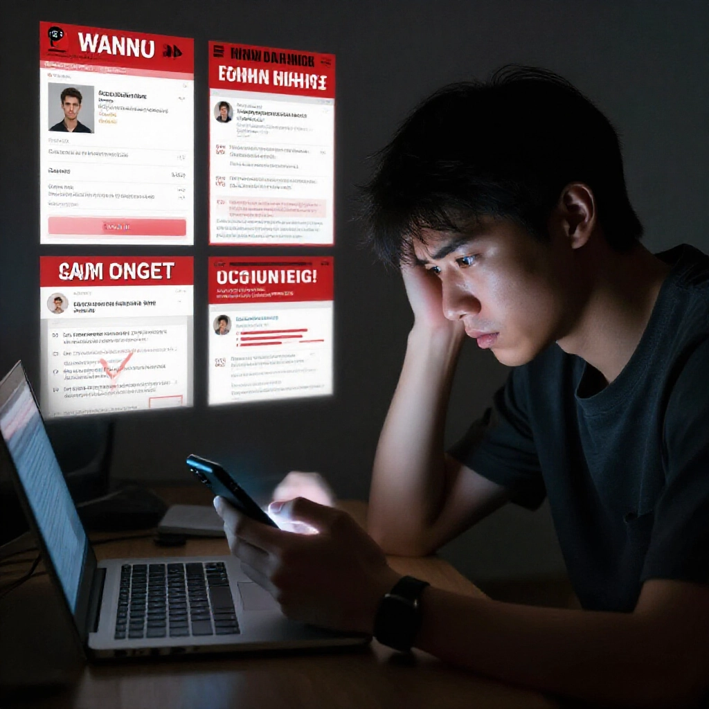 年輕男子深夜在暗室滑 Dcard 論壇,手機螢幕光芒顯示詐騙警示貼文、假截圖與陷阱圖表,喚起緊急警惕感