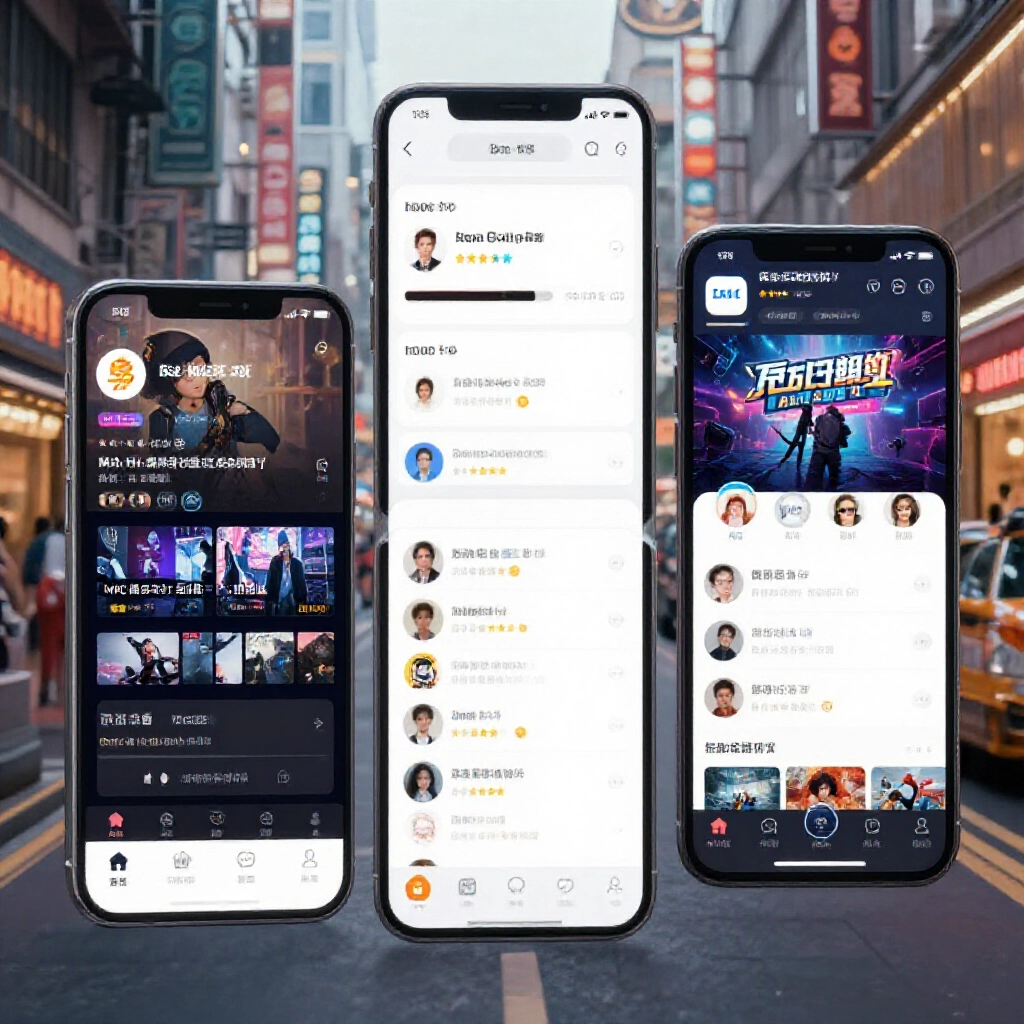包你發、滿貫大亨、金好運等台灣熱門娛樂城App在手機畫面顯示,含App Store評分與玩家評論,城市熱鬧遊戲場景