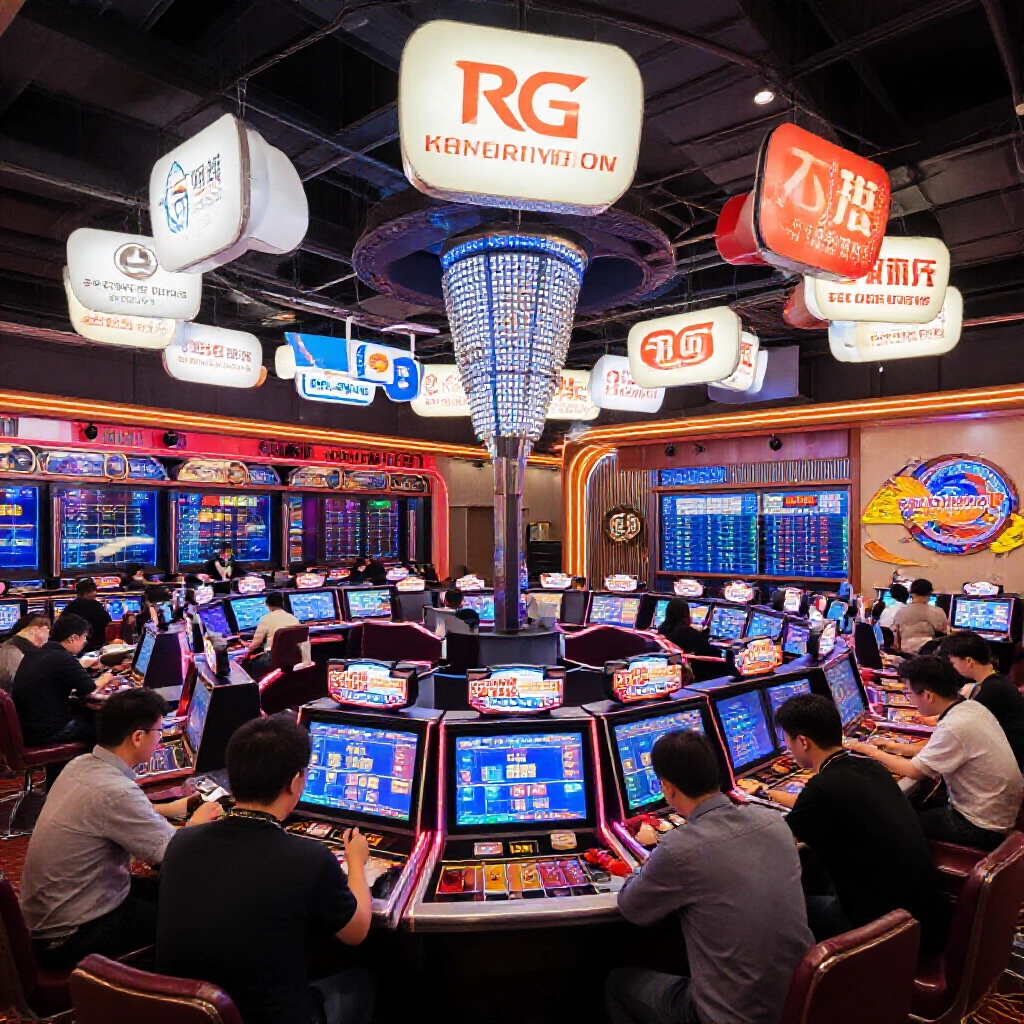 台灣線上博弈市場競爭圖，浮現 RG 富遊、九州、DG 等品牌標誌，高能量數位競技場氛圍