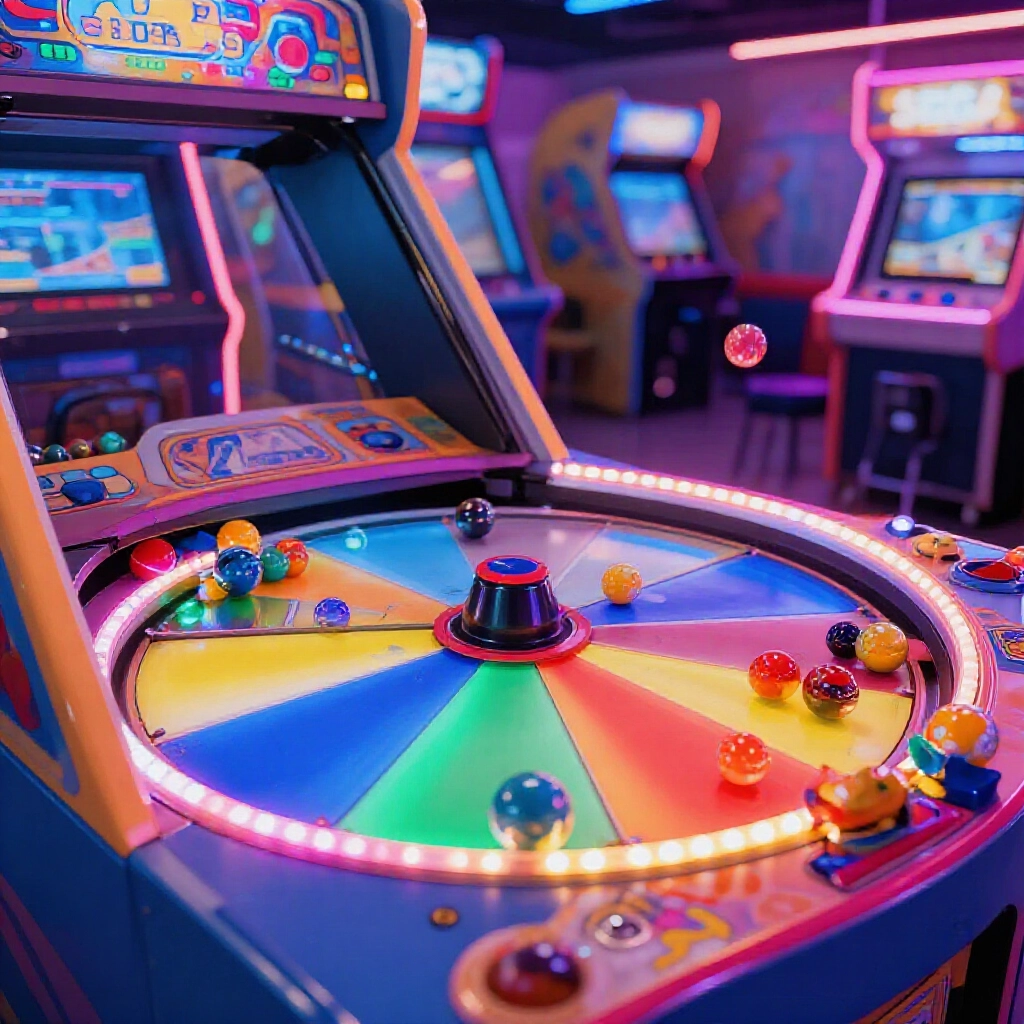 Vibrant Sega arcade machine with multicolored balls rolling and dropping into colored slots on a spinning disk surrounded by glowing lights in a lively game hall