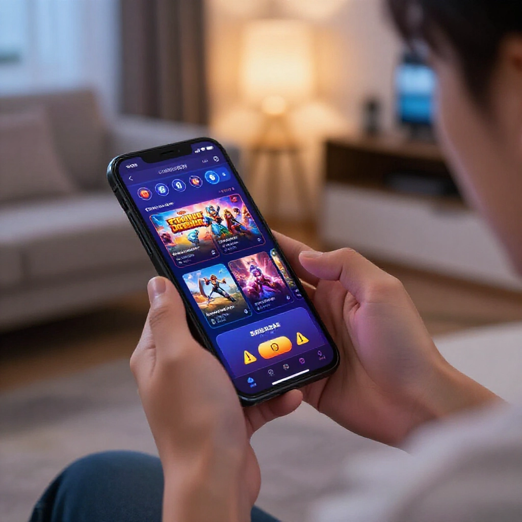 Taiwanese gamer in modern living room thoughtfully selecting online casino platforms on smartphone screen displaying vibrant game thumbnails security badges and warning icons under soft evening light