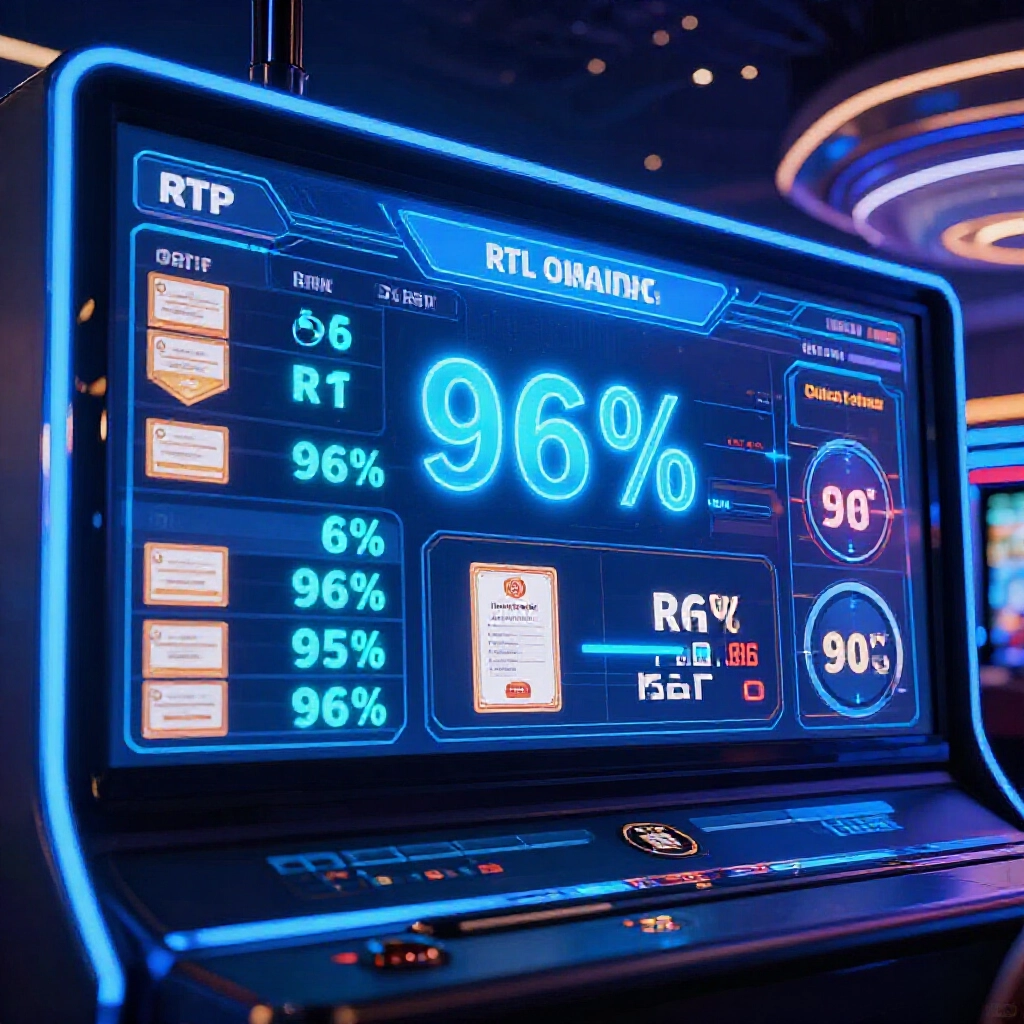 螢幕上閃爍超過96% RTP圖表與RNG認證、快速出金計時器，藍色霓虹燈營造未來感娛樂城氛圍