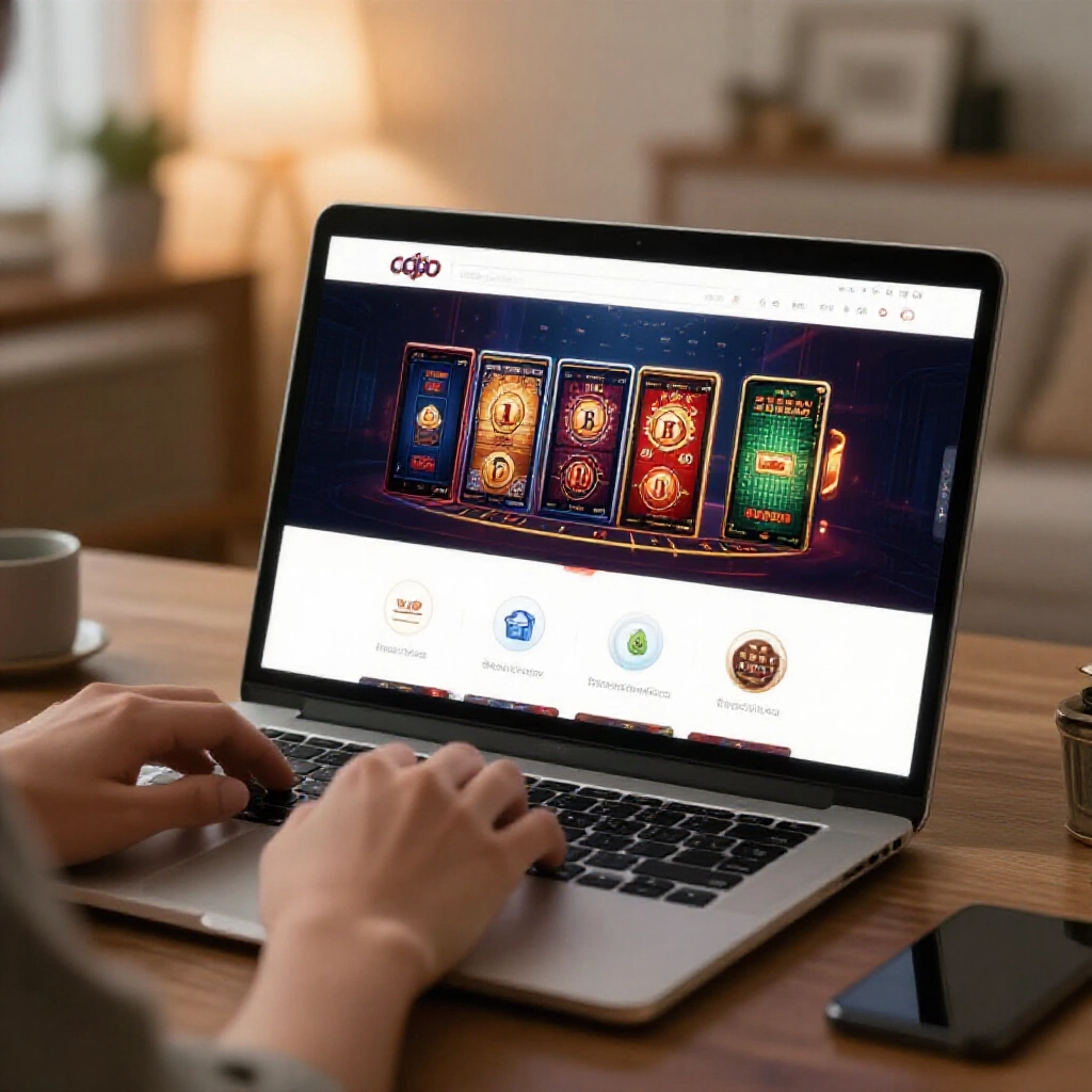 Modern online casino platform interface on laptop screen showing blackjack slots and sports betting icons in cozy Taiwanese home with soft ambient lighting and focused player hands typing