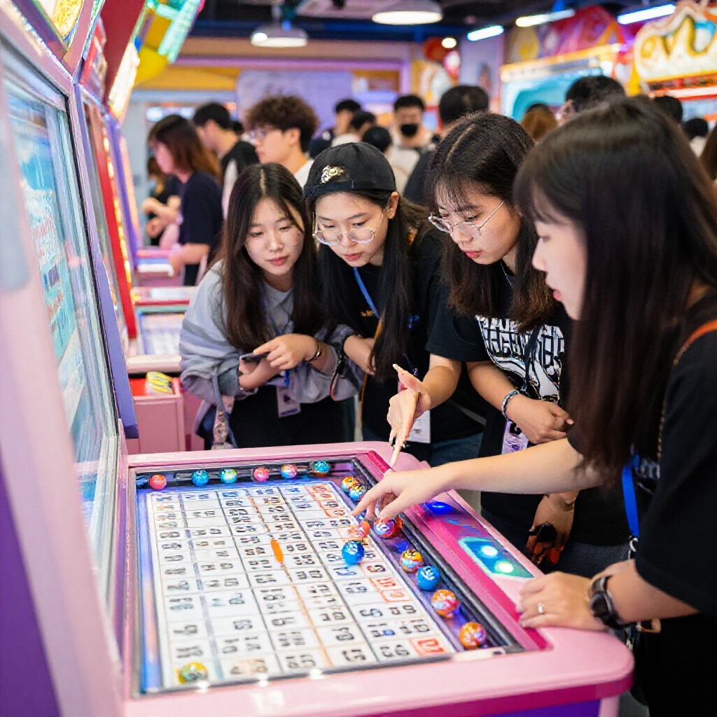 Group of friends in a bustling Taiwan amusement center observing hot bingo machine discussing ball paths and strategies with energetic crowd background