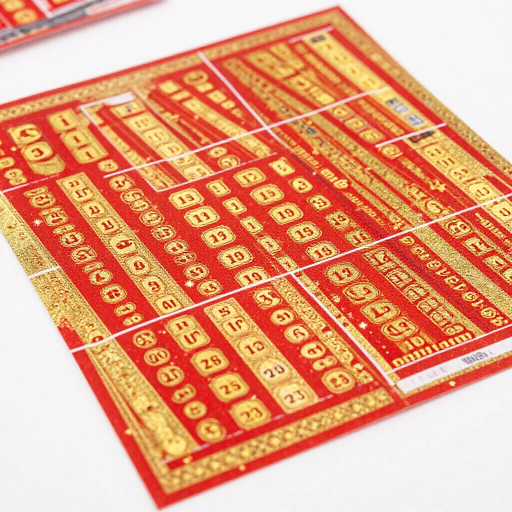 高對比鮮豔的英文字母代碼對照表，以紅金節慶色調顯示刮刮樂獎金，工作室燈光照亮