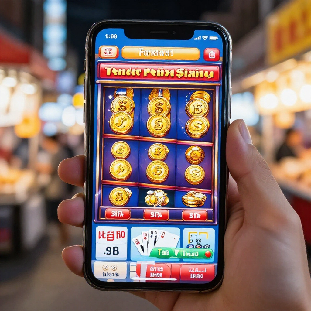 手機螢幕顯示各種娛樂城App,幣商虛擬幣圖示跟現金投注分明,夜市燈光熱鬧氛圍