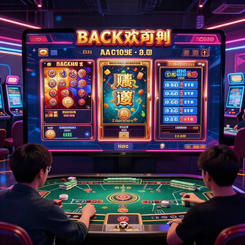 台灣玩家在霓虹網咖氛圍下操作百家樂、老虎機與麻將的幣商與現金版平台介面