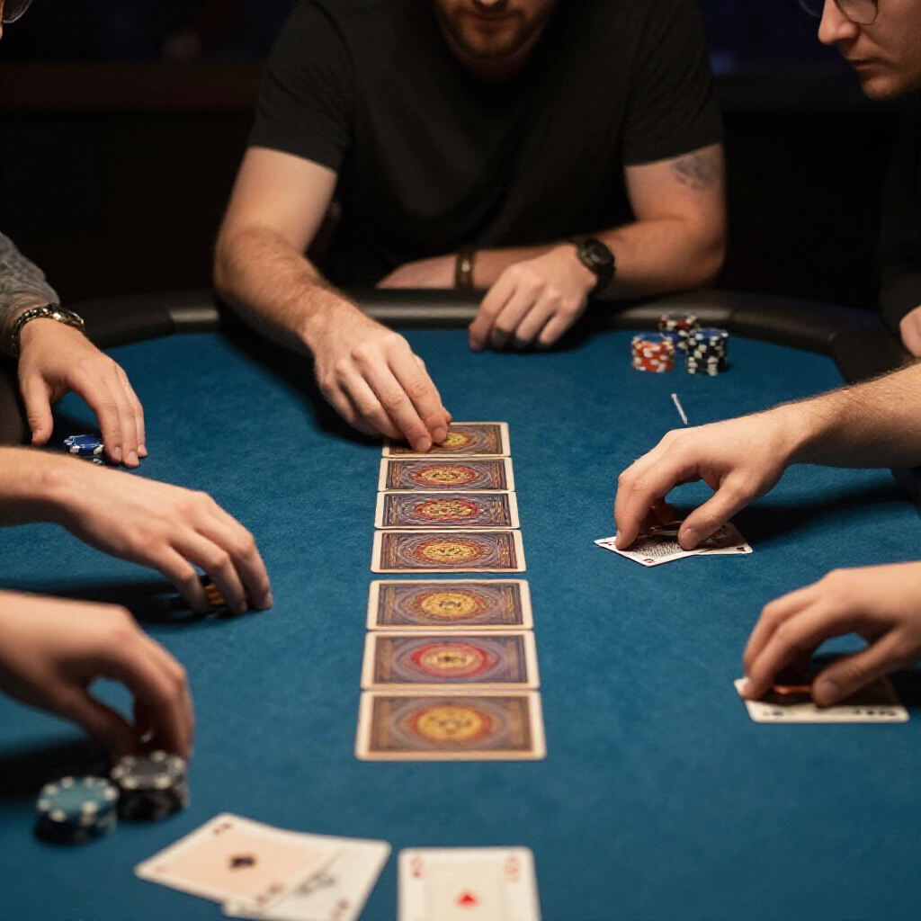 牌桌玩家緊張擺牌確保尾勝中勝頭避相公，對手探頭側燈籌碼牌前景戲劇