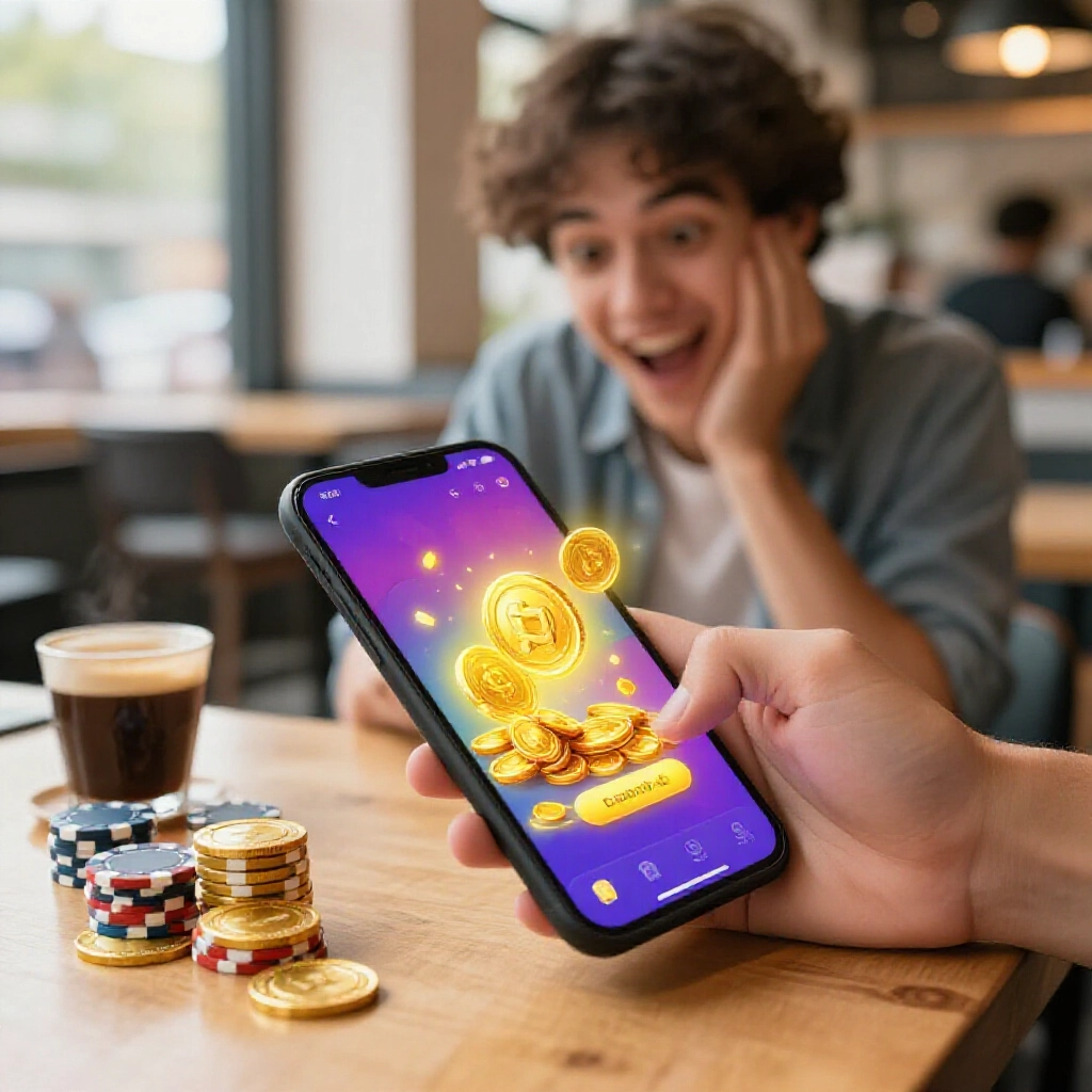 陽光咖啡廳桌前興奮新手玩家操作手機App，顯示閃耀金幣與籌碼堆疊的首儲優惠，旁有新鮮咖啡