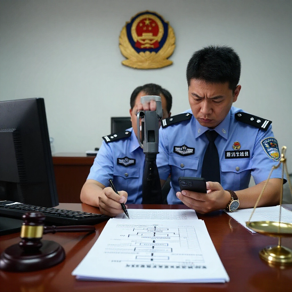 台灣警方傳票文件置於桌上，旁邊法律流程圖，擔憂人士握手機靠近刑事局標誌，嚴峻辦公室燈光配以法槌與天平