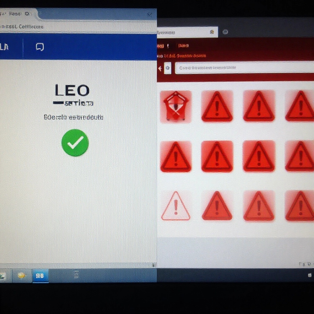 兩台電腦螢幕的特寫比較:一為真實 LEO 登入介面帶有效 SSL 憑證綠色勾勾,另一為假釣魚頁面紅色警告標誌、昏暗可疑燈光、強烈對比