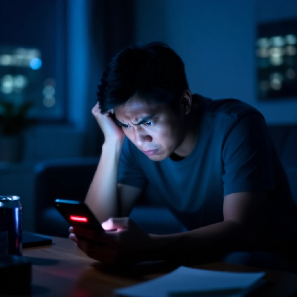夜晚沮喪的台灣男子在客廳彎腰盯著顯示紅色登入錯誤的智慧手機螢幕，臉部緊張眉頭緊皺，桌上散亂能量飲料罐，窗外城市燈光閃爍