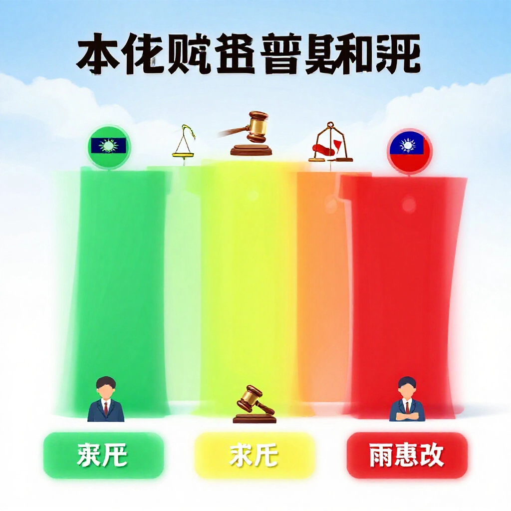 法律風險資訊圖,從綠色安全區到紅色危險區,含台灣國旗、法槌與玩家圖示