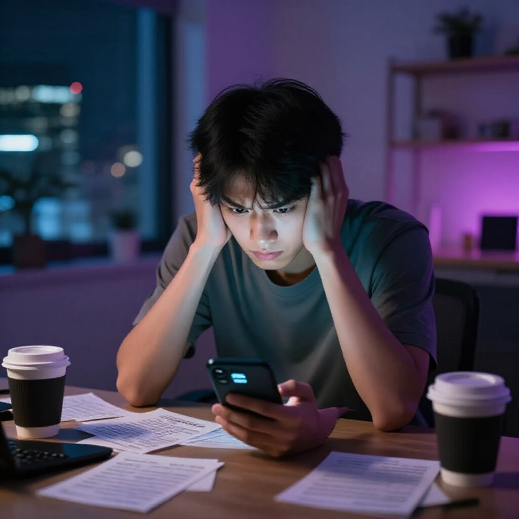 焦慮台灣年輕玩家深夜在昏暗公寓盯著顯示提款待處理警報的手機螢幕,周圍空咖啡杯與投注筆記,緊張氛圍中窗外霓虹燈光滲入